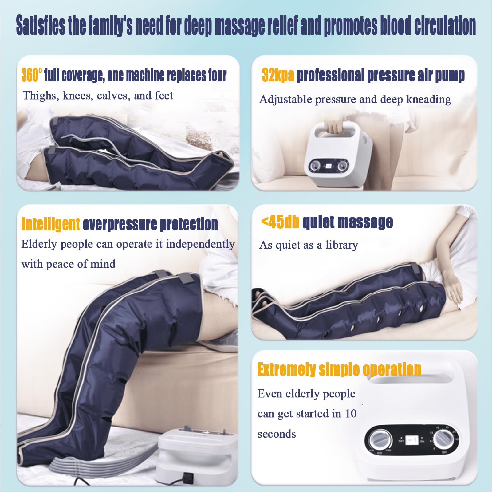 Macchina massaggiante elettrica a compressione d'aria a 6 cavità, strumento per il rilassamento di tutto il corpo, vita, braccia e gambe, allevia il dolore alle gambe con drenaggio linfatico