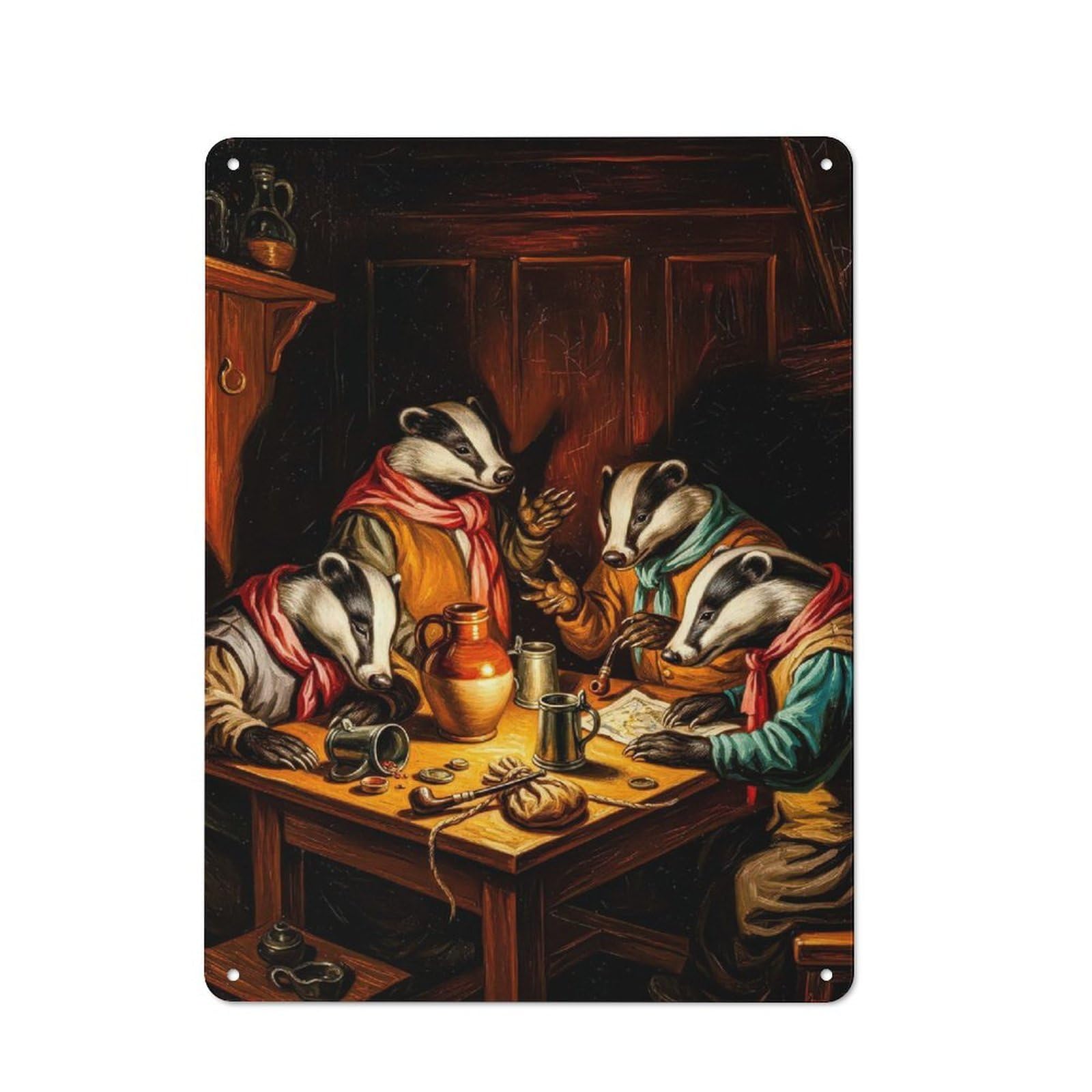 Vintage Metal Plaque 40x30cm Featuring Anthropomorphic Badgers at Tavern Table Painting, Diner Style Decor for Restaurant, Kitchen, Counter Or Breakfast Nook