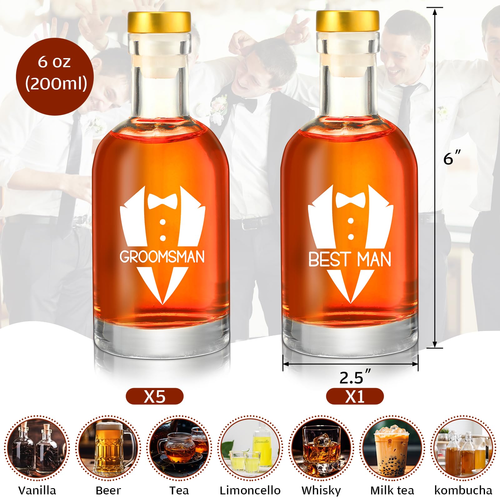 Nitial 6 Set Groomsmen Proposal Gifts Clear Glass Groomsmen Liquor Bottles 6.8 Oz 200 ml with Cork Stopper Airtight Lid Wedding Groomsmen Gifts Best Man Gift for Groomsman for Wedding Party Favor