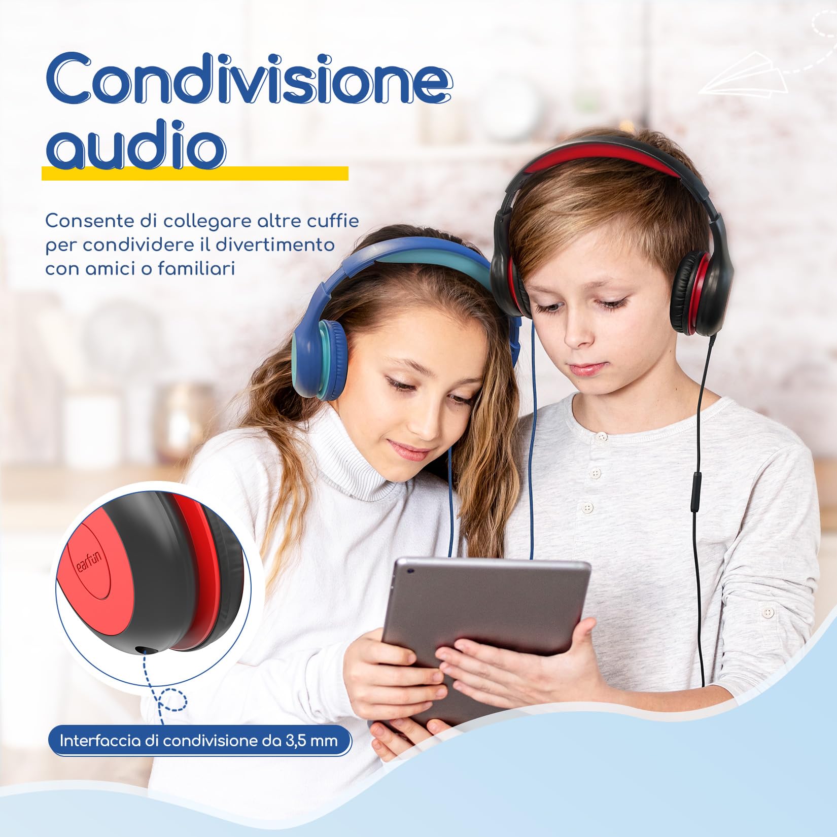 EarFun Cuffie Bambini con Micro, Jack 3.5mm, Confezione da 3, Blu&Rosa&Nero | 85/94dB Volume Limited, Funzione di Condivisione, Pieghevoli e Regolabili, per Scuola/Viaggio/Didattica Online