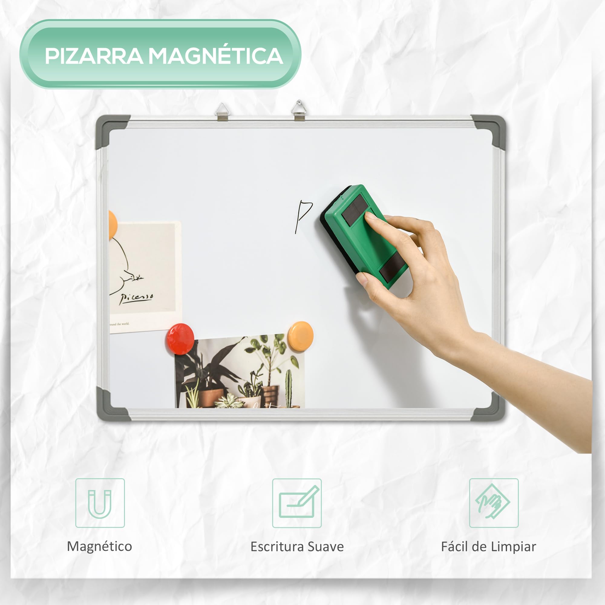 HOMCOM Pizarra Blanca Magnética con Bastidor de Aleación de Aluminio 60x45 cm Pizarra de Borrado en Seco con Borrador 4 Rotuladores y 10 Imanes para Oficina Hogar