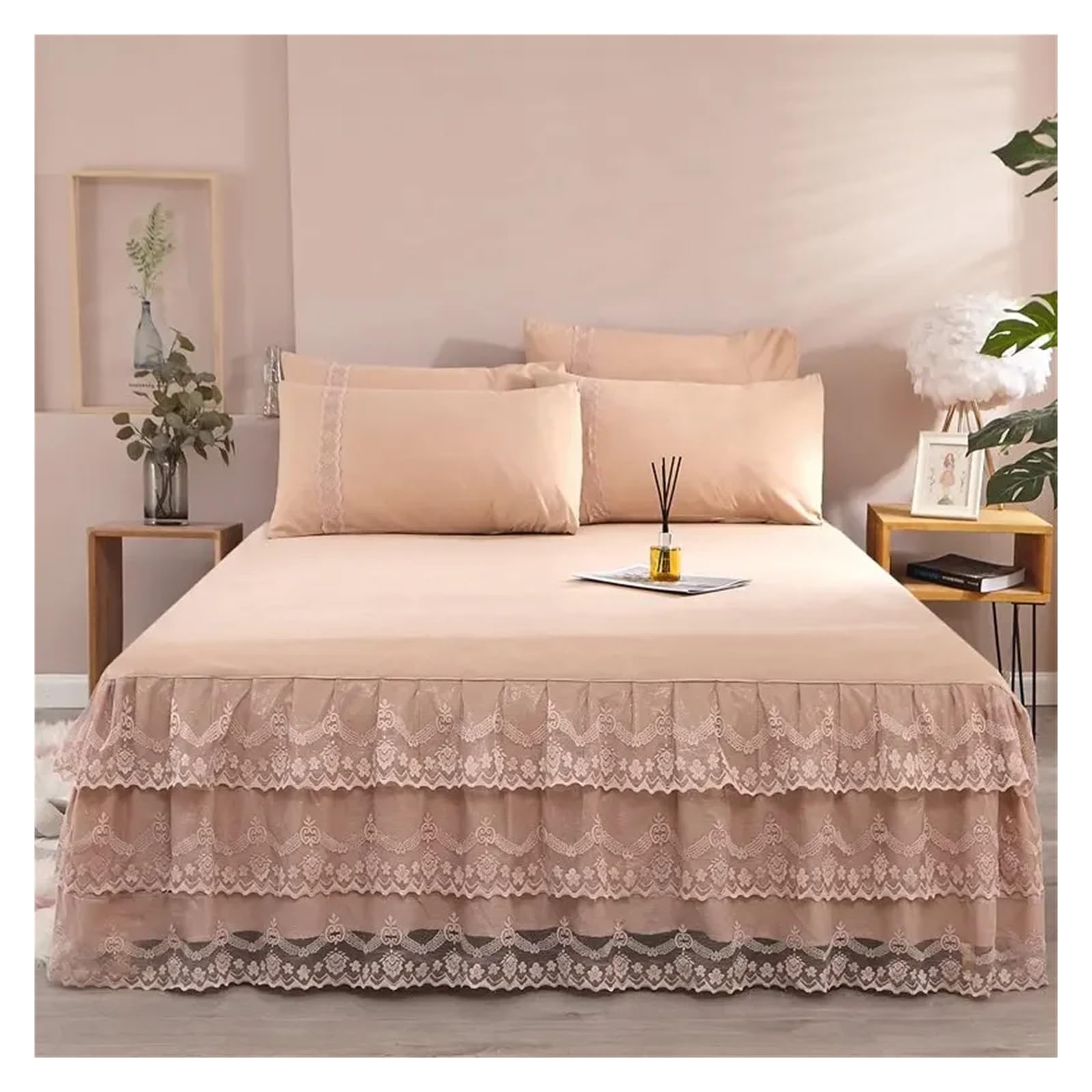 Lace Bed Skirt Solid Color Bedspread Sheet Microfiber 3PCS Bed Sheet Set 1pc Elastic Wrap Around Bedskirt With 2pcs Pillowcases(4,180x220cm 3pcs)
