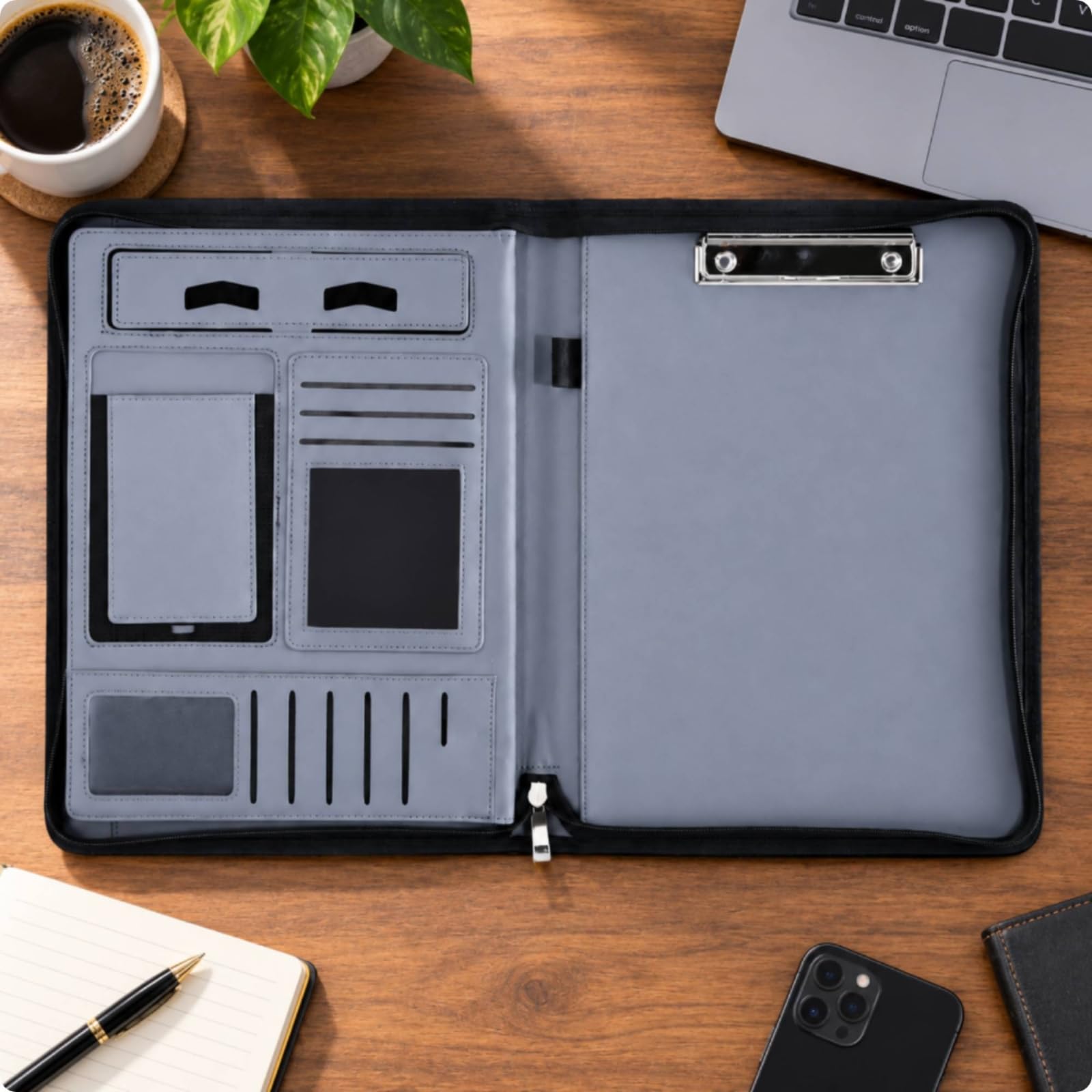 Milageto Porte-Documen En Cuir Format Portable Classeur à Fermure Éclair Pochtes Intérieures Professionnel Dossier Présentation En Cuir, Bloc-notes W Seul