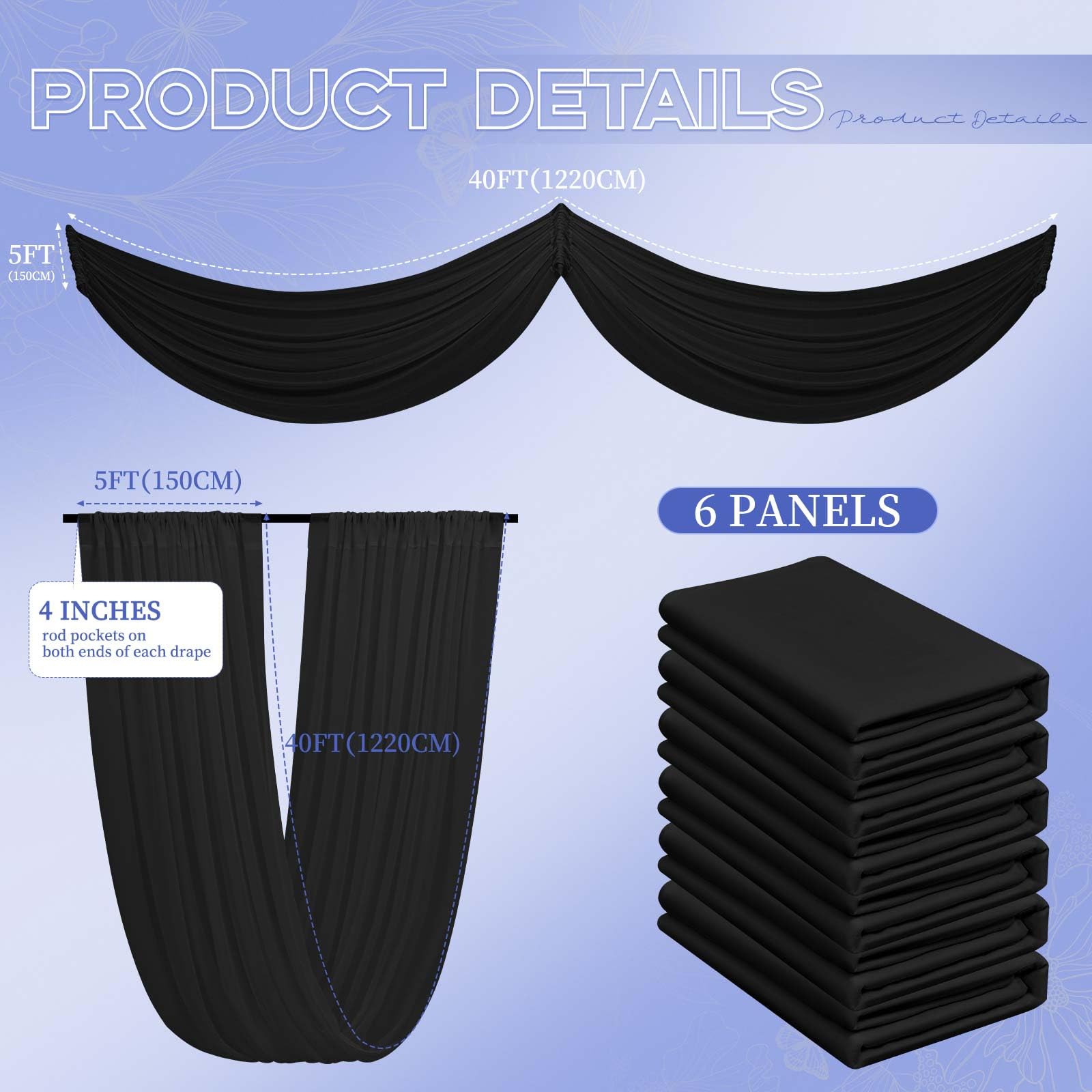 Lot de 6 rideaux de plafond en tissu transparent pour mariage, fête, banquet, cérémonie, scène - 1,5 x 12,2 m - Noir