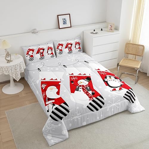 Miniatura 3 de Erosebridal Juego de edredón de calcetines de Navidad para niños, juego de edredón de Papá Noel, ropa de cama de Navidad, muñeco de nieve, pingüino,