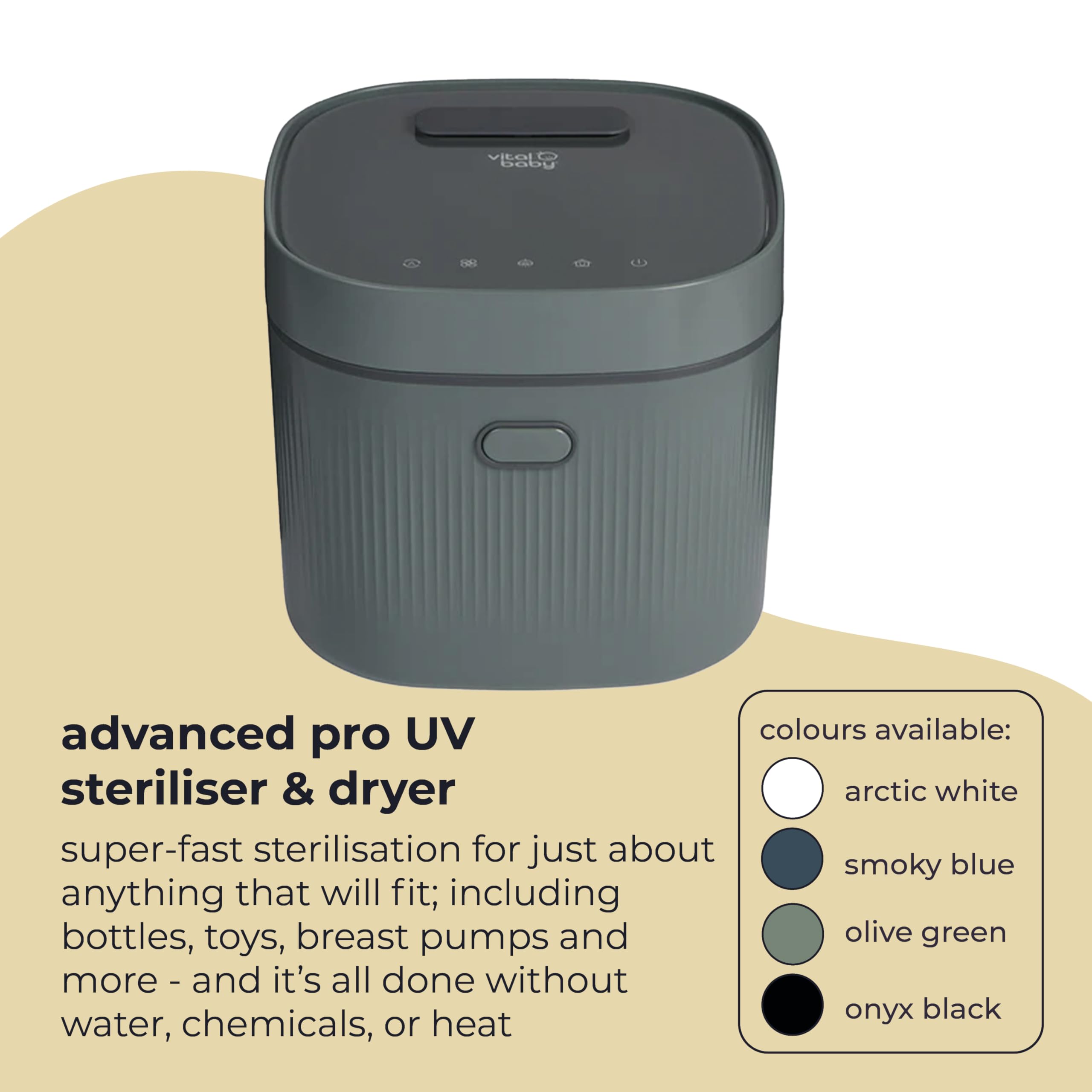 Vital Baby Stérilisateur UV pour biberons et accessoires - Tue 99,99% des germes en 5 minutes, stérilise, sèche et stocke, sans eau, vapeur ou produits chimiques - Vert olive