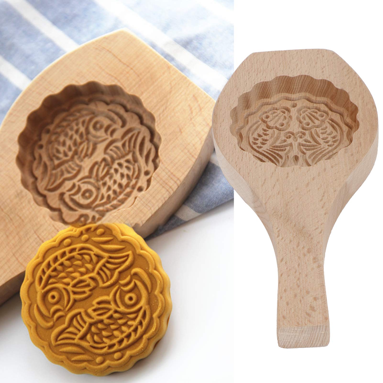Wood Cookie Model Mooncake Biscuit Model, Festival Hand-Pressure Moon Cake Model with 3D Flower Pattern Eco-Environmental Baking Decoration Tools for Biscuit Chocolate Pumpkin Pie(Fish Pattern)