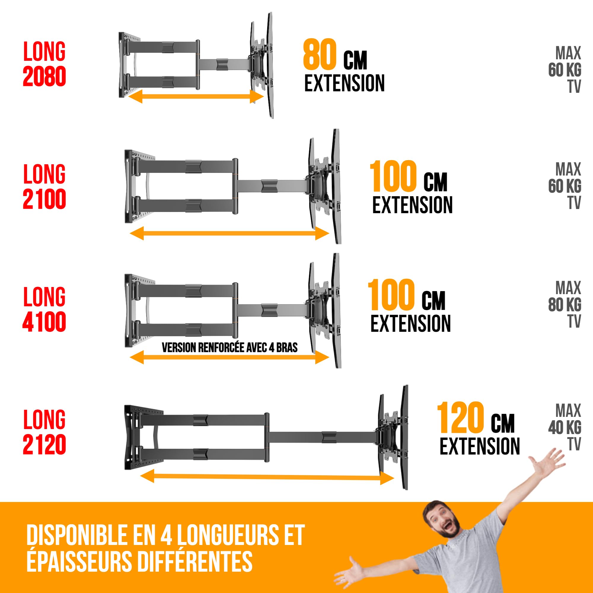 Nanook Support Mural TV 2120 à Bras Long pour téléviseurs 42-75 Pouces, Extension Extra Longue jusqu'à 120 cm, Support TV Robuste orientable - Noir - 40 kg