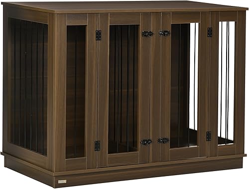 PawHut Jaula grande para perro estilo mueble con panel extraíble, mesa auxiliar con diseño de dos habitaciones y dos puertas delanteras, nogal,