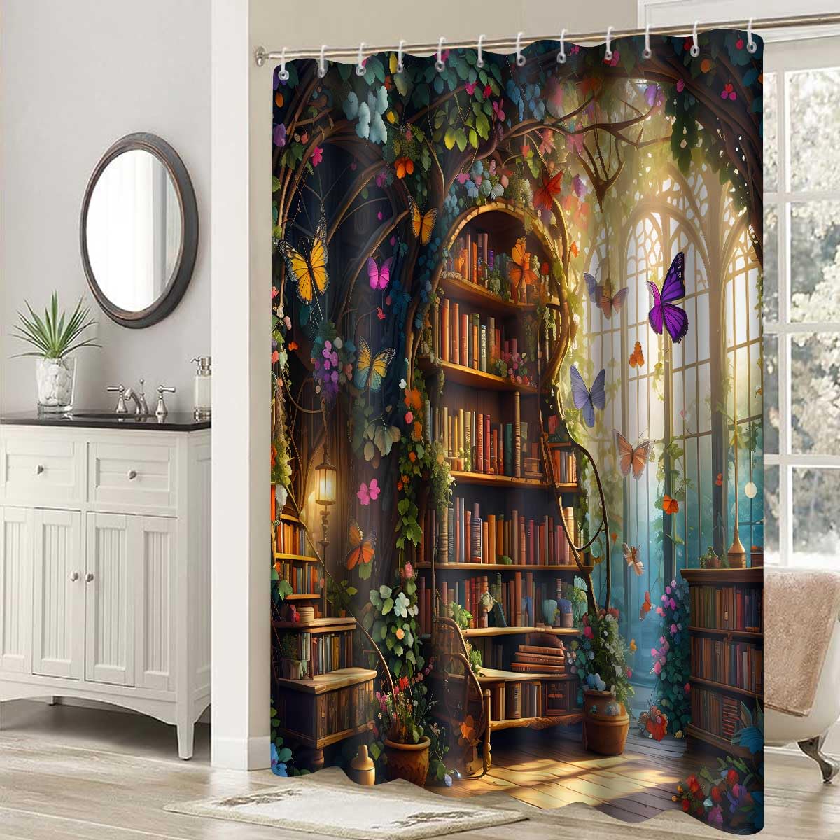 Fantasy-Bibliotheks-Duschvorhang – 183 X 183 Cm, Mit Pflanzen & Büchern, Inkl. 12 Haken