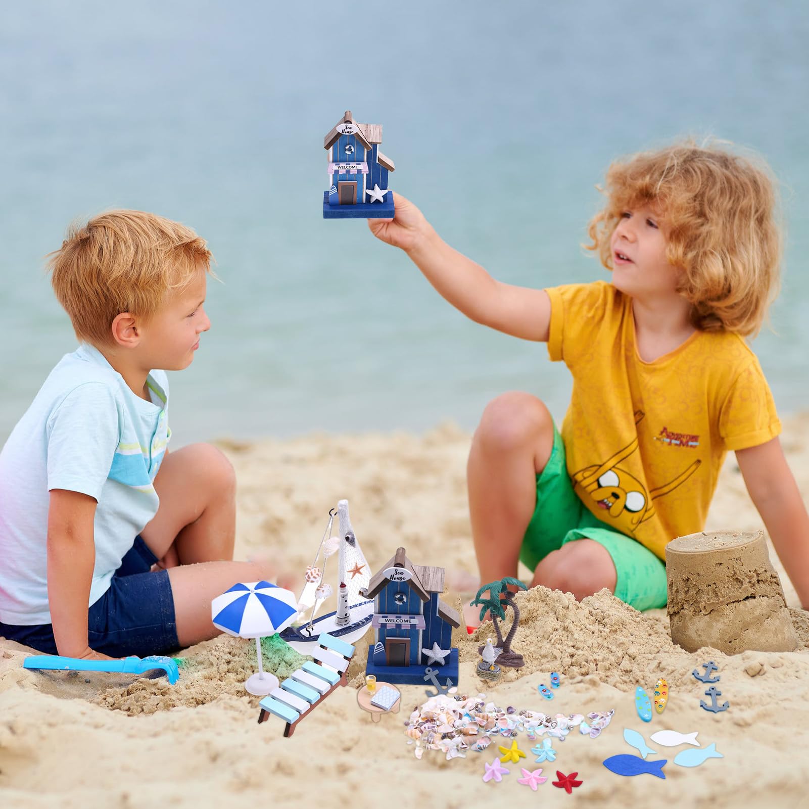 Doll House Kit - Miniature House Kit, Beach Theme Miniature House | Small Doll House with 26 Pieces Beach Scene Props, Sea-Themed Miniature, Friends, Family, Perfect for Creative Play and