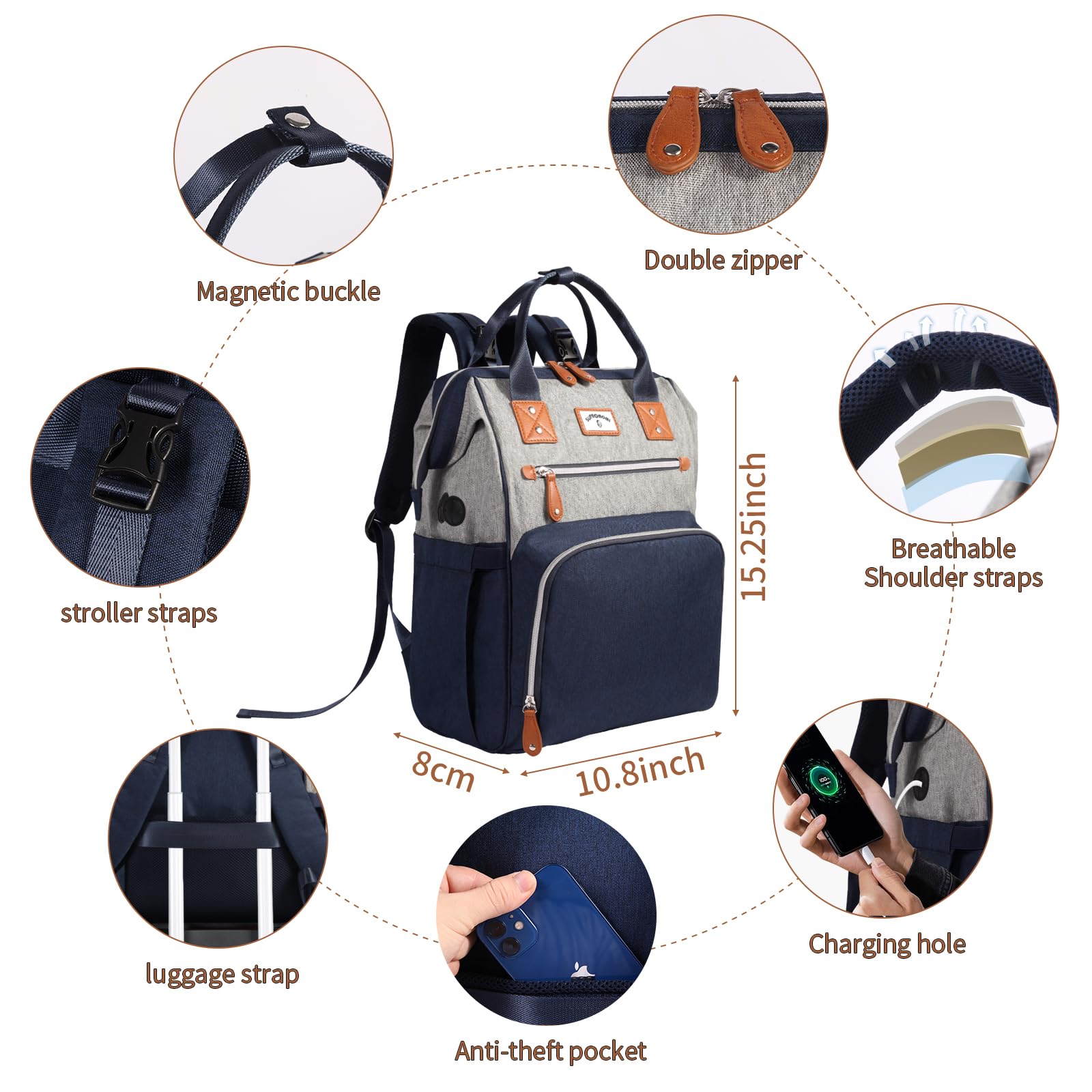 Mochila para pañales: bolsa grande para pañales para mamá, mochila de pañales para hombre, bolsa de hombro para mujer, bolsa de pañales para mamá y papá, azul y gris, Negro Gris, XL, Mochila