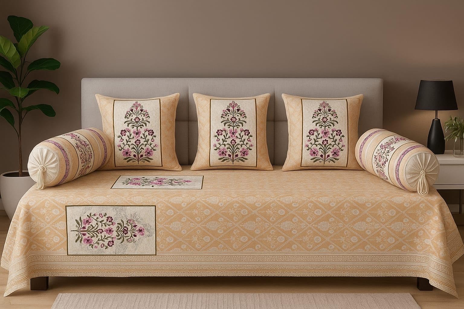 Diwan Set 6 Piece Pure Cotton |1Bedsheet (60x90 Inch)+ 2 Bolster+ 3 Cushion Covers | Cotton Divan Set | Diwan Bedsheet Single Bed | Living Room Set (Royal Flora Diwan Set)-image-38