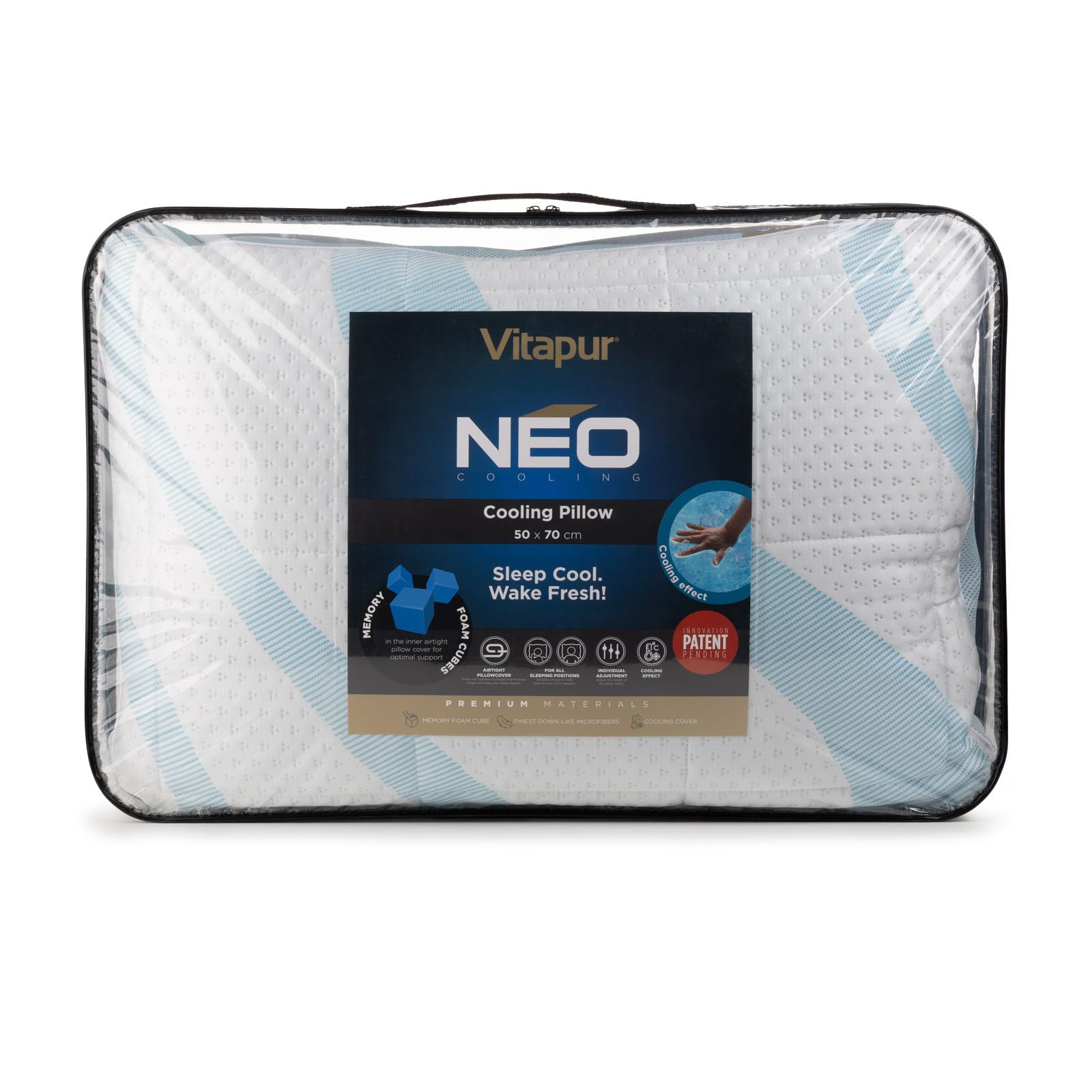 Vitapur NEO Cooling poduszka 50 x 70 cm – regulowana pianka z pamięcią kształtu i wypełnienie ClimaSoft – nadająca się do prania poszewka chłodząca – dla osób śpiących na boku, plecach i brzuchu