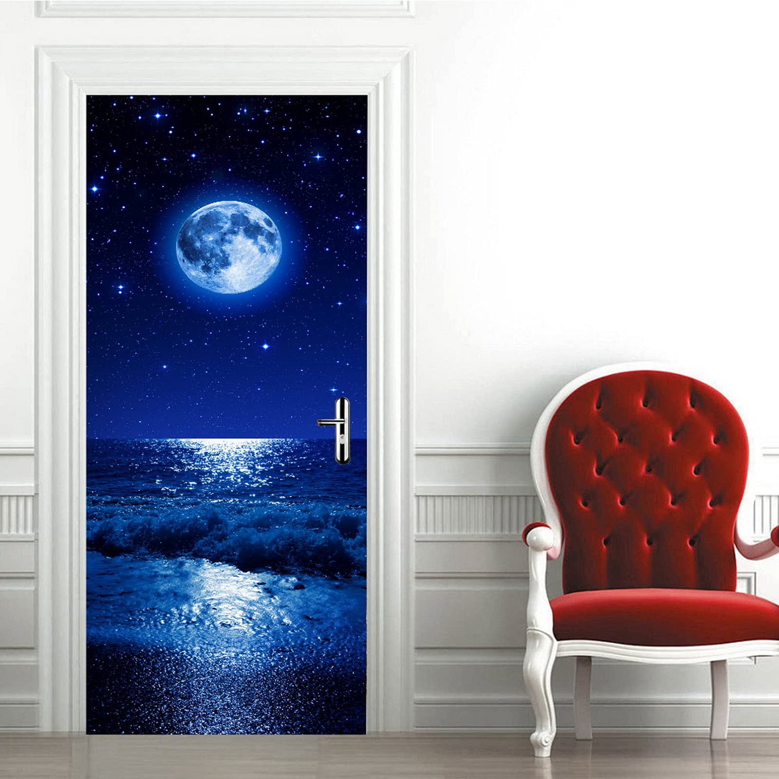 Sticker Porte 3D Poissons Tortues Étoiles De Mer Aquarelle - Poster Autocollant Vinyle Décoratif 83 X 204 Cm