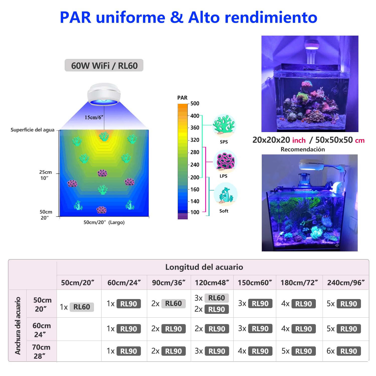 PopBloom RL60 Luz de acuario Wifi espectro completo Acuario Marino Luz Led Para 50x50cm Acuarios Tanque de Arrecife