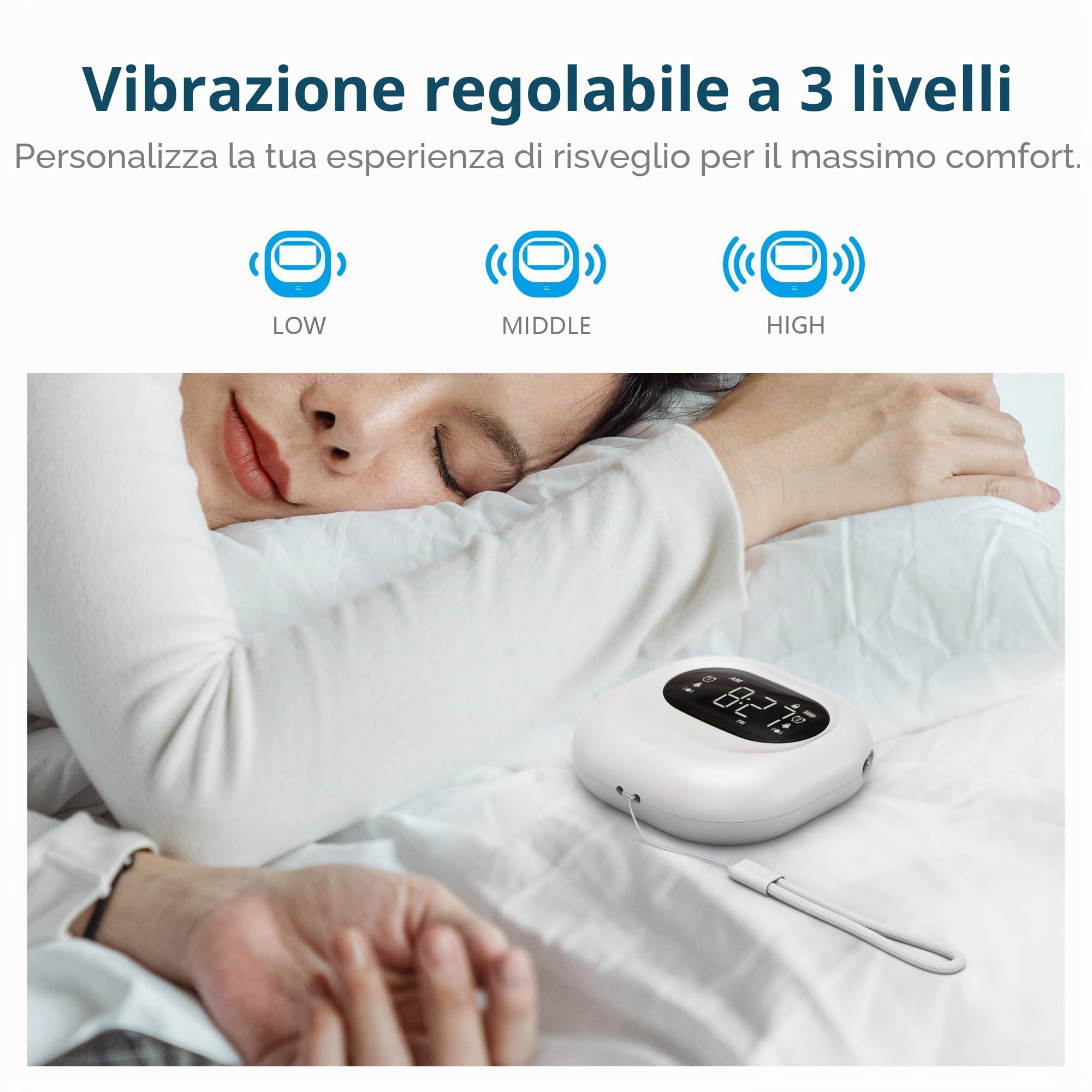 Sveglia vibrante per sonno profondo, sveglia a batteria sotto il cuscino, vibrazione regolabile, senza fili, doppio allarme, retroilluminazione, orologio digitale portatile per non udenti