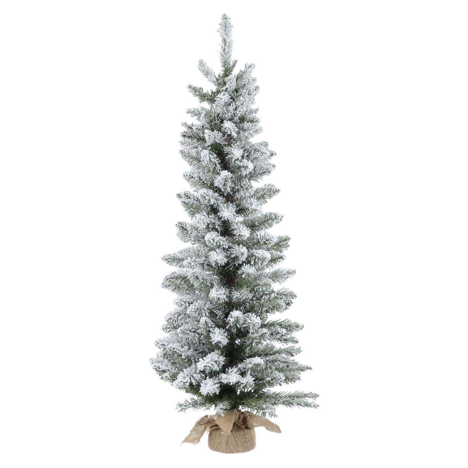 Mr Crimbo Green Pencil Christmas Tree Artificial Snow Covered Pine Jute Fabric Base 1.2M