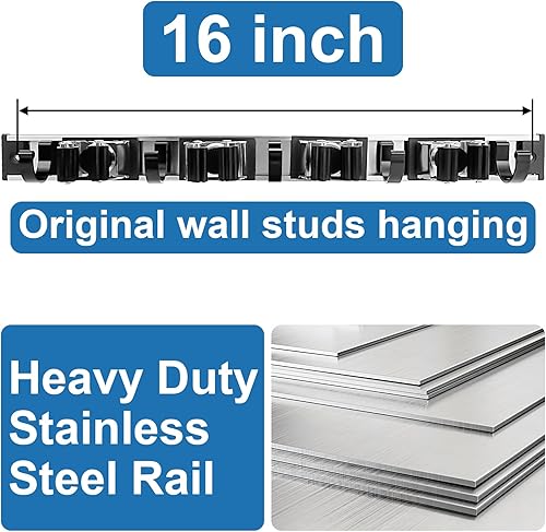 Miniatura 4 de Soporte de pared para trapeador y escoba, ganchos de metal resistentes, organizador de escobas, sistemas de almacenamiento de garaje, estantes de