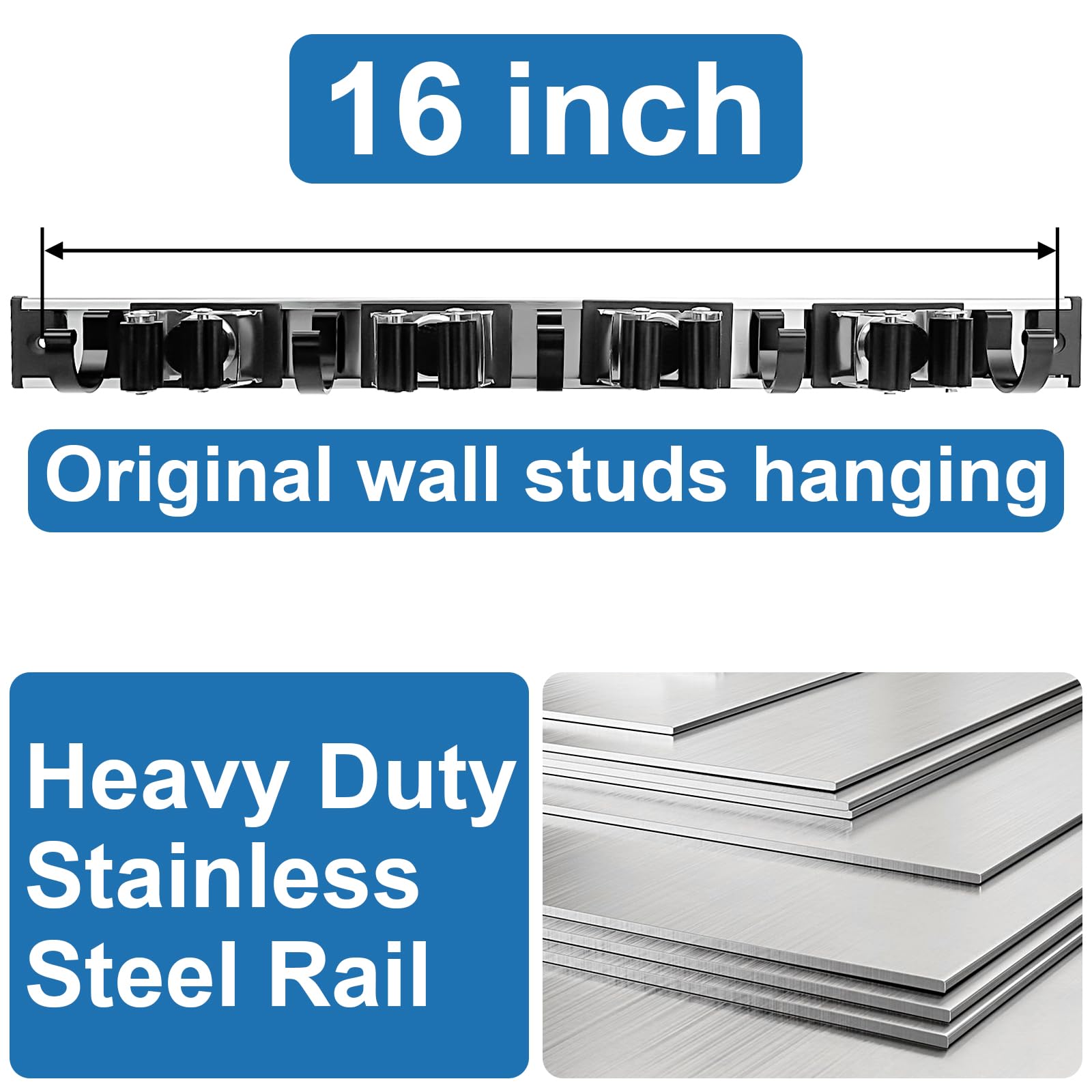 Piyl Metal Broom Mop Holder Wall Mount, Slidable Stainless Steel Wall Organizer Garage Storage Garden Utility Rack Tool Organization Wall (1 Pack 4R5H, Black) - Image 4