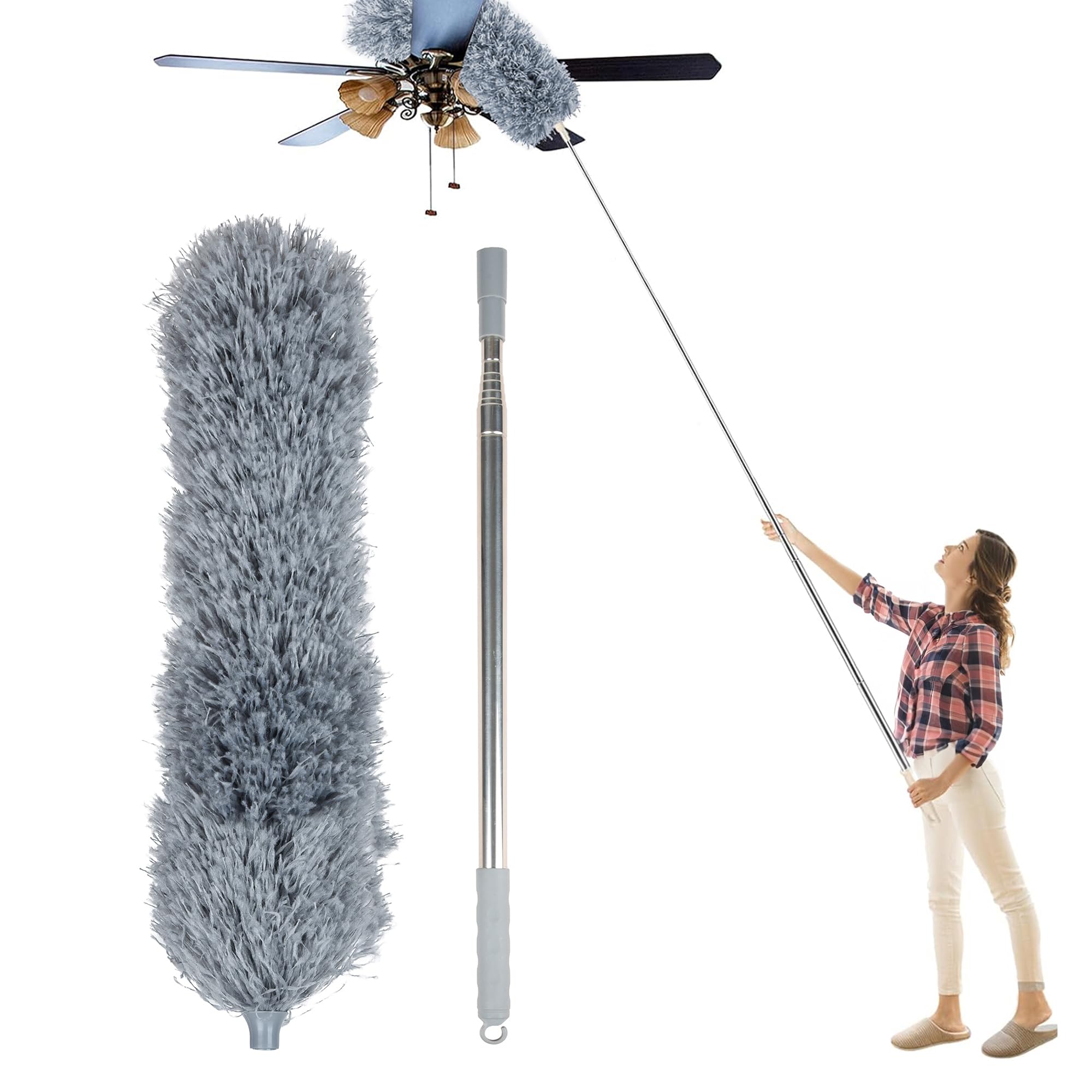 Kuber Industries Microfiber Duster for Household Cleaning | Ceiling Fan Duster with Long Rod | Spider Web Cleaner Stick | Fan Cleaning Brush/Dusting Brush for Home | Gray