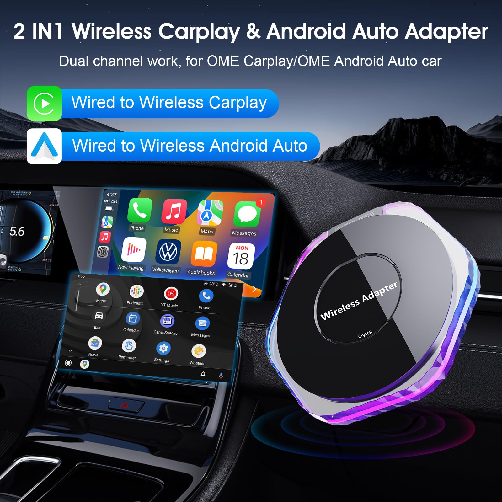 2 in 1 Wireless Adapter, Wired to Wireless Carplay&Android Auto