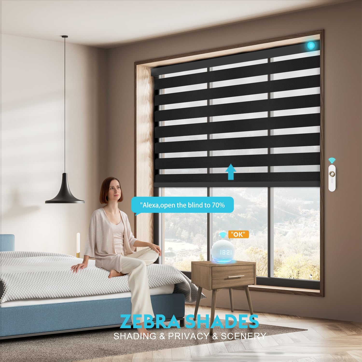 Motorized Zebra Blinds with Remote Smart Blind Work with Homekit Alexa SmartThings Electric Day and Night Shade Cordless Automatic Solar Powered Window Shade Customize(Pure Black)