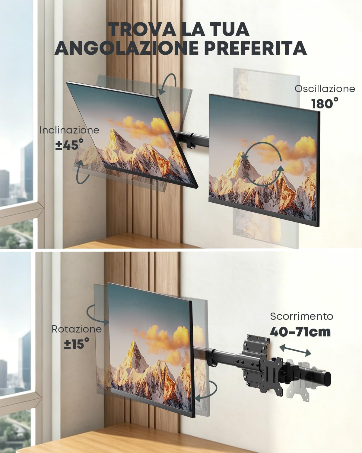 Supporto a muro doppio per schermi 13-27 pollici, singolo a doppio | Spazio a muro ultrasottile, montaggio orizzontale, allineamento preciso, gestione cavi, 10 kg per braccio, VESA 75/100, Nero