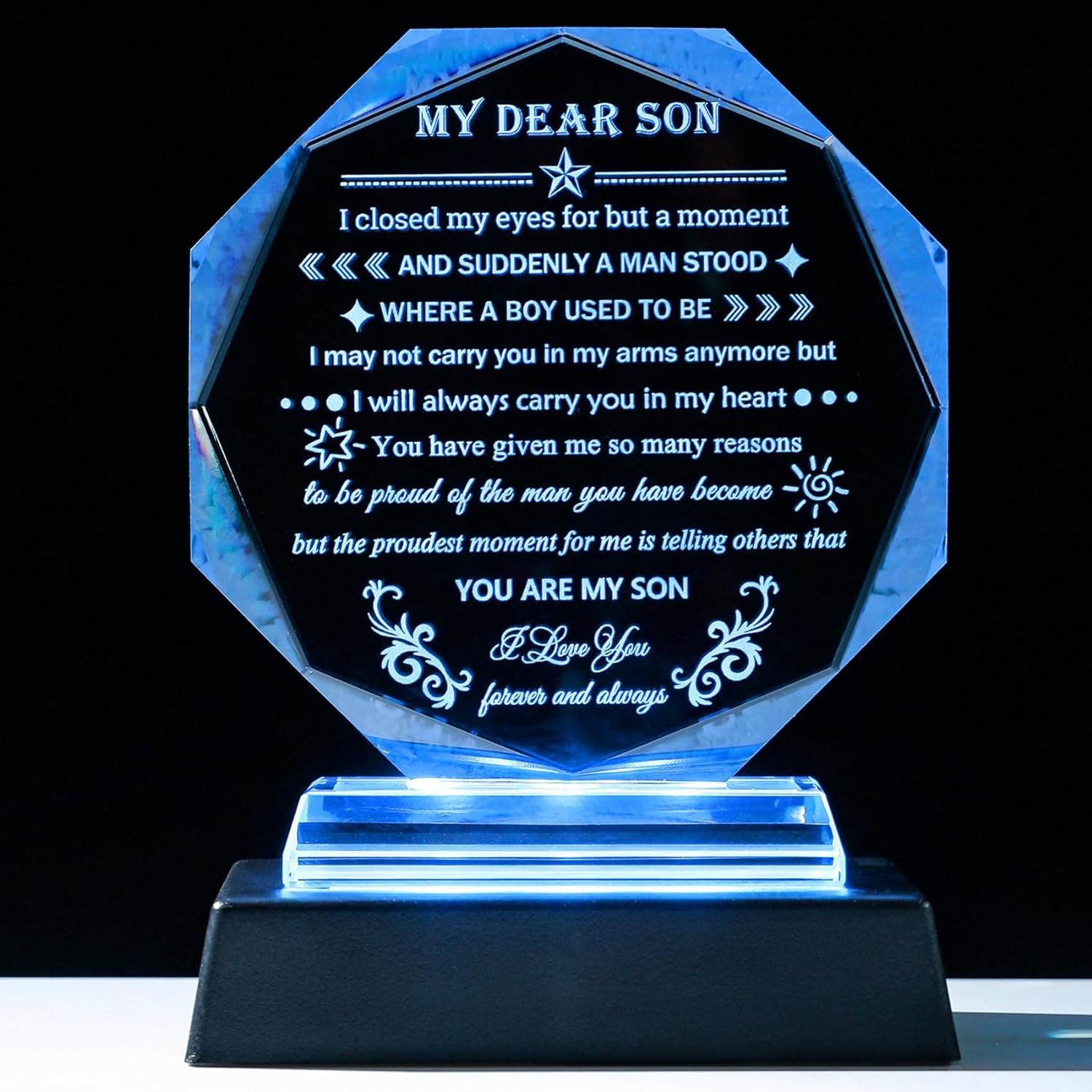 YWHL Meaningful Son Gifts from Mom Dad with Colorful LED Base Birthday Gifts for Son Adult Crystal Keepsake To My Sons Present on Graduation Christmas Valentines Fathers Day