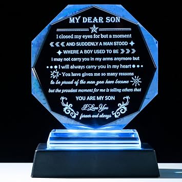 YWHL Meaningful Son Gifts from Mom Dad with Colorful LED Base | Birthday Gifts for Son Adult Crystal Keepsake, To My Sons Present on Graduation Christmas Valentines Fathers Day