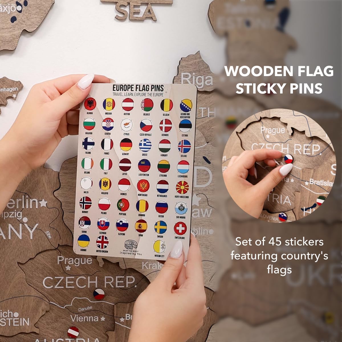 ENJOY THE WOOD Mapa de Europa en Madera 3D – Mapa Europeo Artesanal con Fronteras de Países – Decoración Moderna de Viajes con Pines, Regalo para Parejas y Familias