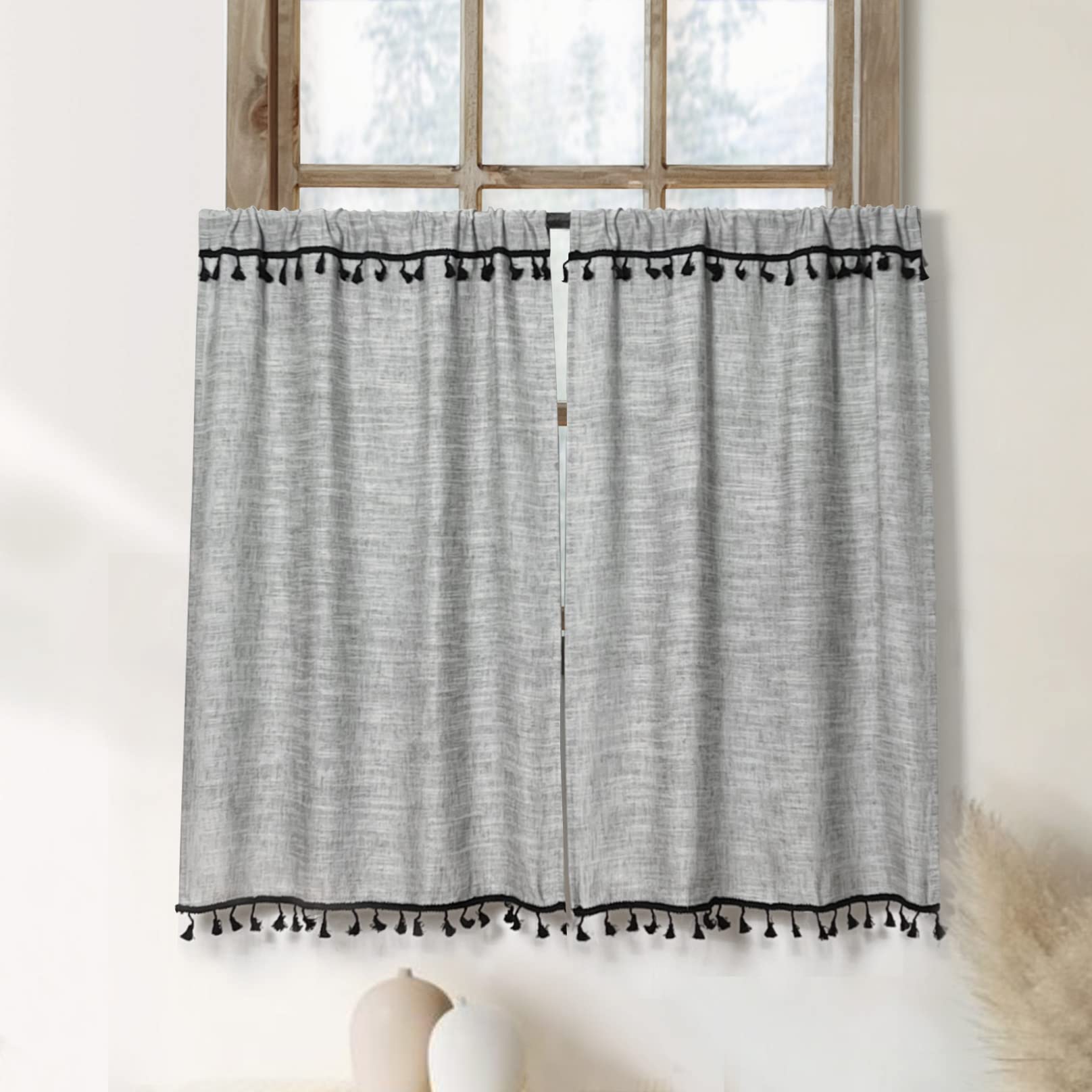 Boho Tassel Kitchen Curtains 36 Inch Length Modern Farmhouse Cotton Linen Short Cafe Curtains for Bathroom Small Window Country Rustic Tiers Bohemian