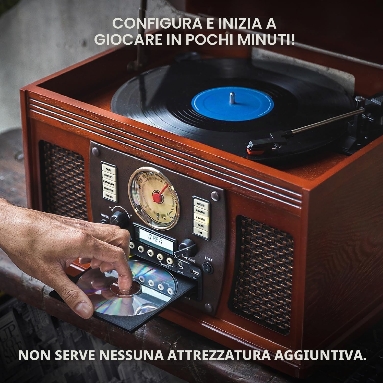 Victrola Navigator – Giradischi Bluetooth 8-in-1 con CD, cassette, radio FM, USB, altoparlanti integrati, uscita RCA e jack cuffie, streaming wireless (Mogano