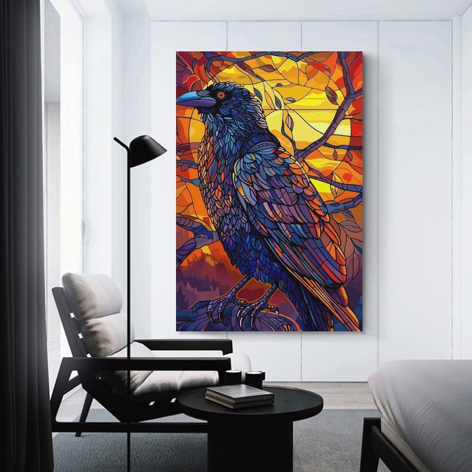Junmoney Canvas Wall Art Stained Glass Raven at Sunset, 20x30inch(50x75cm), for Bedroom, Guest Room Or Reading Nook, Canvas Wall Decor for Personal Spaces