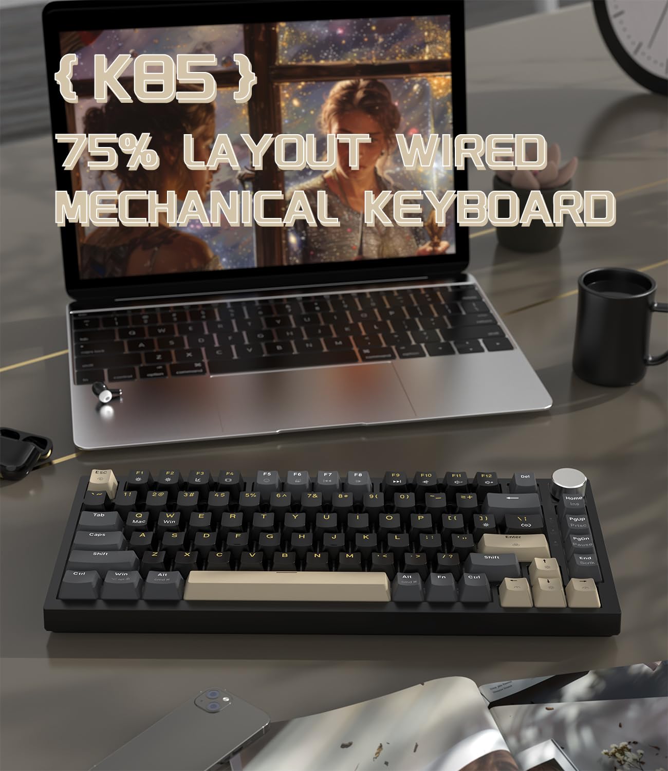 LexonElec x ATTACK SHARK K85 Przełącznik Magnetyczny 75% Klawiatura Mechaniczna, Rapid Trigger, DKS/MT/TGL, LIGHTSYNC RGB, QWERTY, TKL Przewodowa Klawiatura do Gier Gasket z Knob do Win/Mac-Czarny