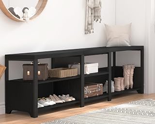 HSH Black Bench, 57” Long Entryway Bench with Shoe Storage, Corner Convertible Storage Bench with Shelf for Foyer Entrance, Wooden Metal L Shaped Shoe Rack Benchs for Bedroom Living Room, Black Oak