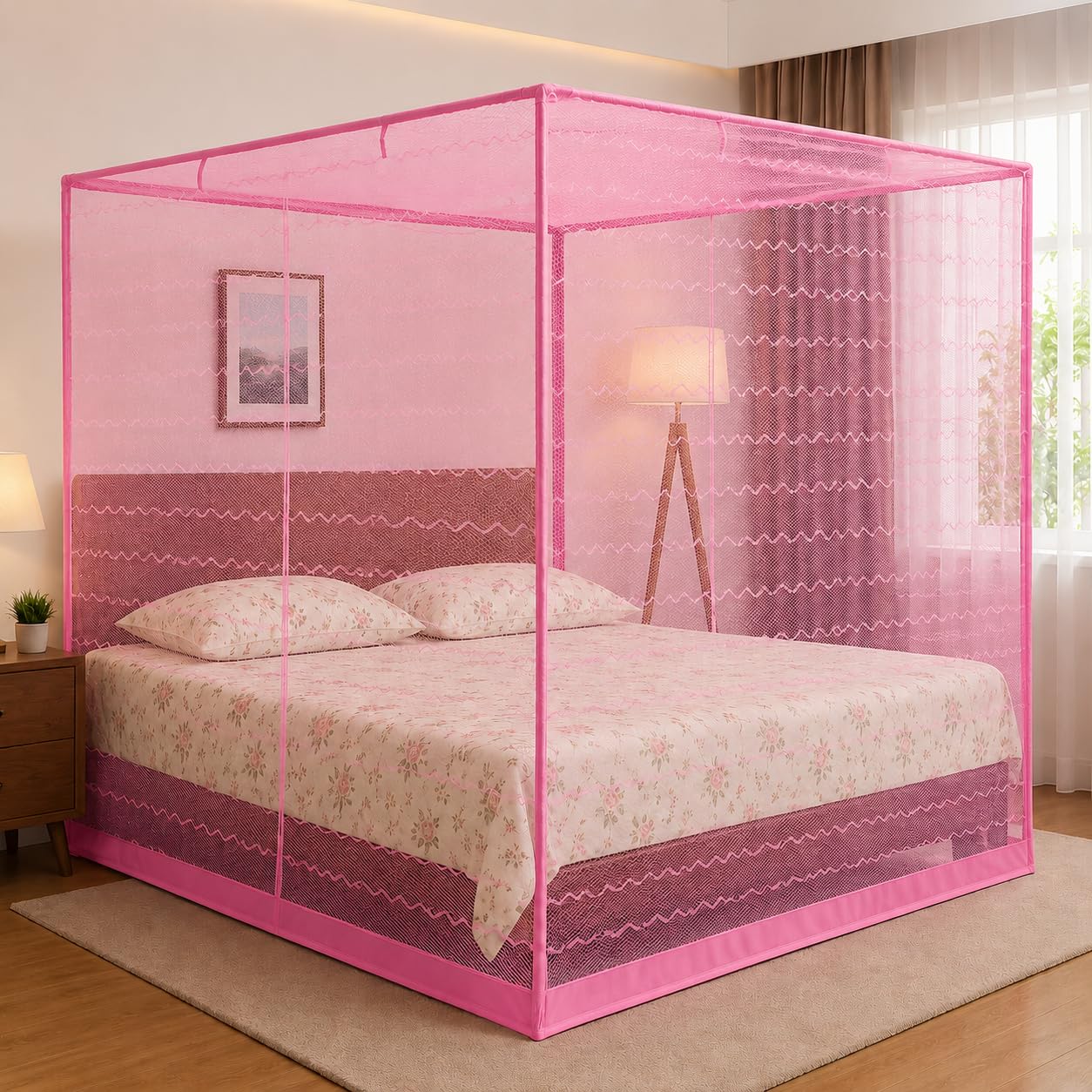 MEHON Craft Pink Polycotton Jhiikjhyak Mosquito Net for Double Bed and King Size Bed Machardani Net (7x7-Feet) Insect Protection Net..-image-18
