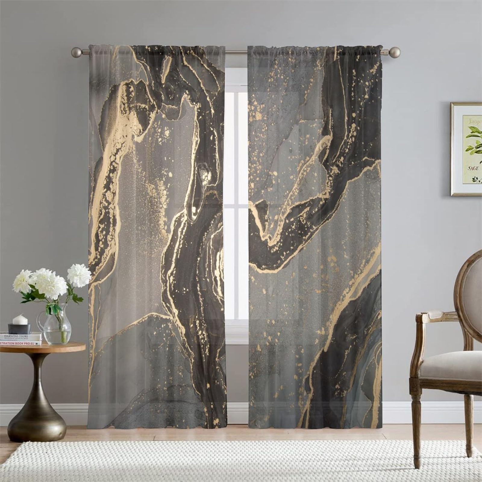 Surwin Translucidas Cortinas Salon, Dormitorio, Cocina - Cortinas y Visillos Estampadas de Mármol Nórdico, Visillos Cortos para Ventanas, 2 Piezas Cortina con Ojales (W132xH215cm,Negro)