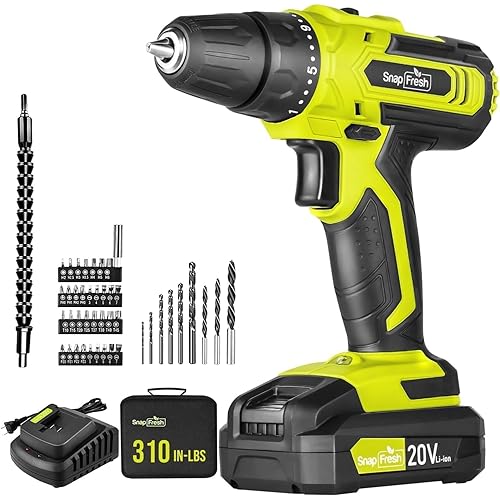 SnapFresh 20V Cordless Drill Set, 3/8" Power Drill with 2 Variable Speed, 21+1 Torque Setting, LED, 43pcs Drill Bits, Impact Driver Kit for Home,DIY-2.0Ah Battery & Fast Charger Included