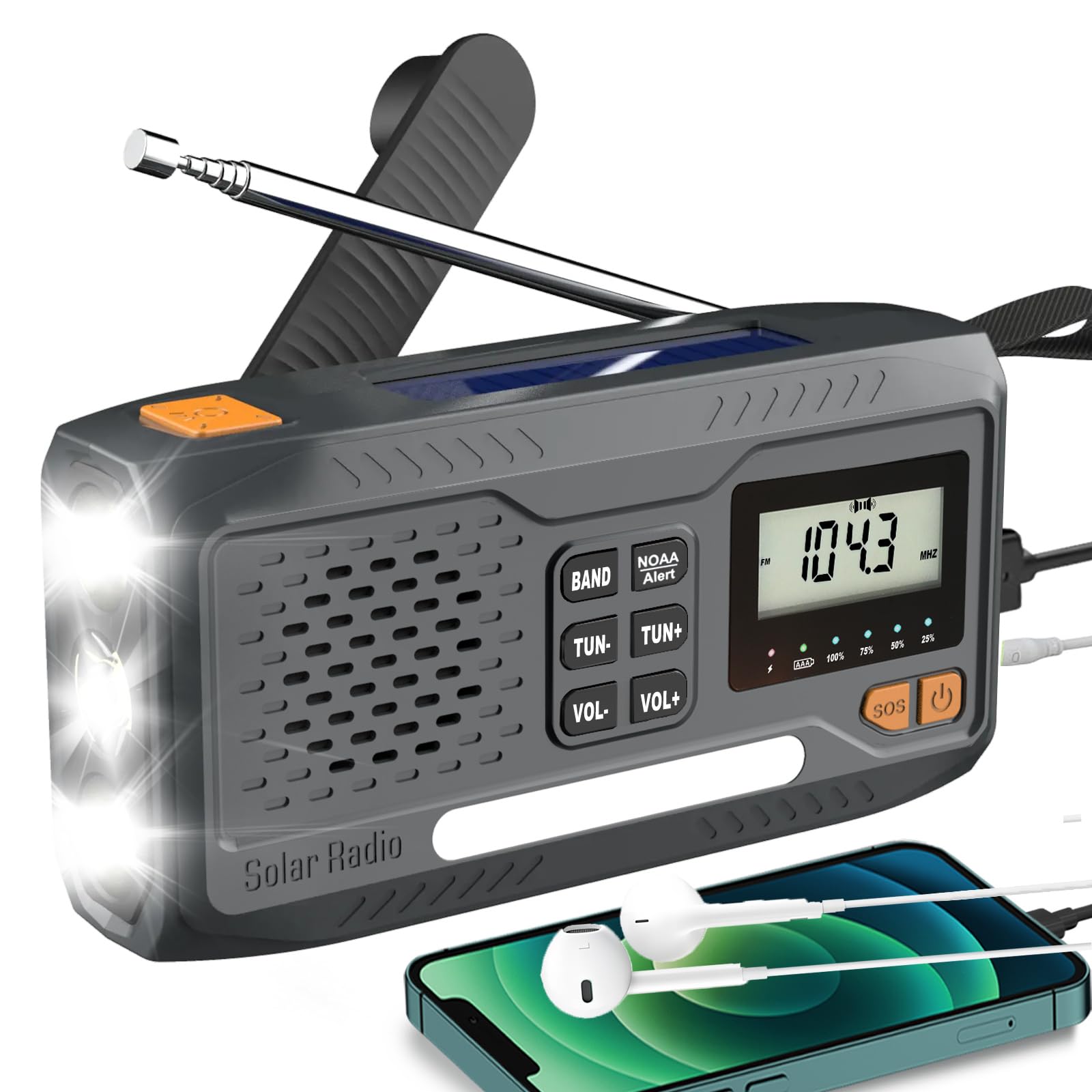 Emergency Weather Radio, Solar Hand Crank Radios with AM/FM/NOAA, Portable Radio Phone Charger with Digital Display, Led Flashlight & Headphone Jack, SOS Alarm, Battery Compartment for Indoor/Outdoor-image-27
