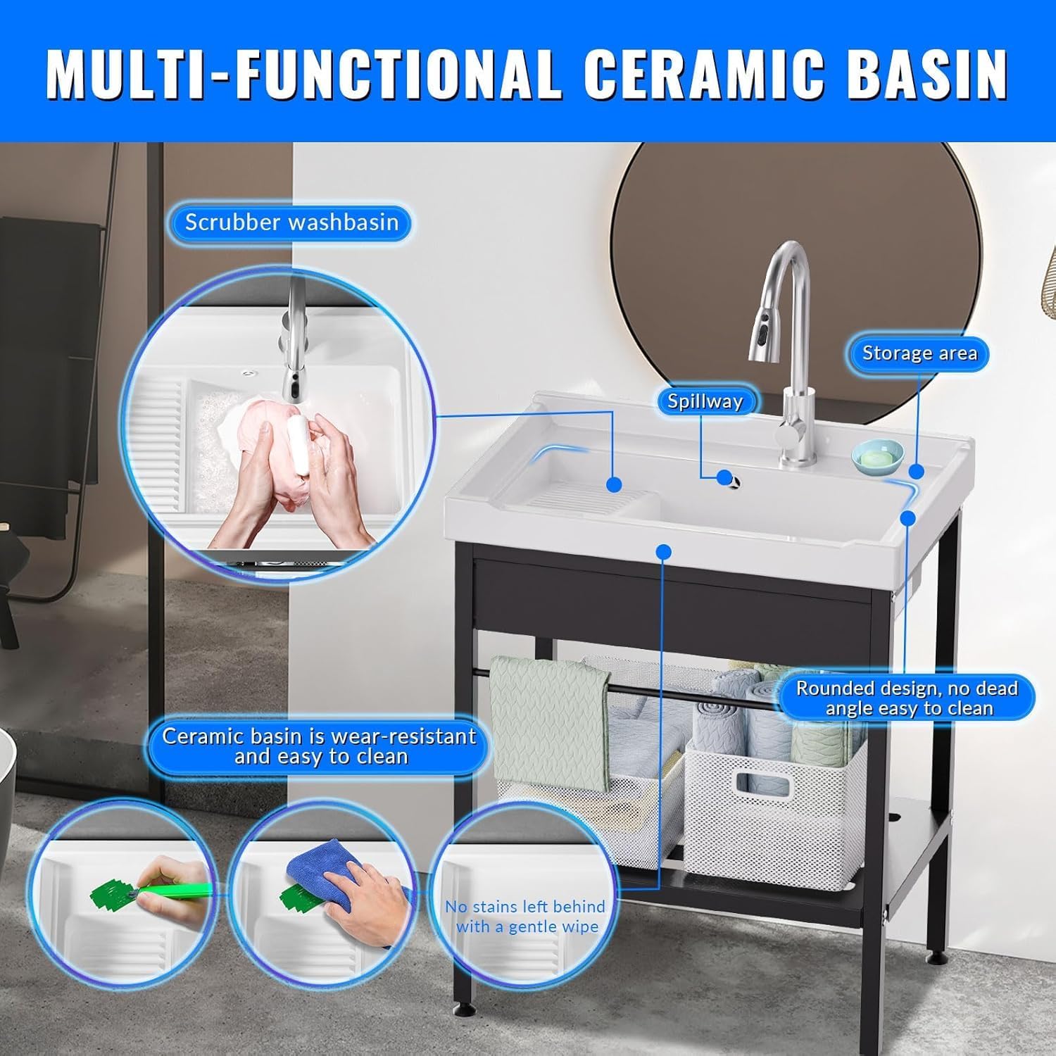 28inch Laundry Room Sink,Ceramic Utility Sink with Washboard Set,Freestanding Sink with Cold and Hot Water Faucet, Hoses and Drain Kit for Laundry Room, Basement, Outdoor and Indoor