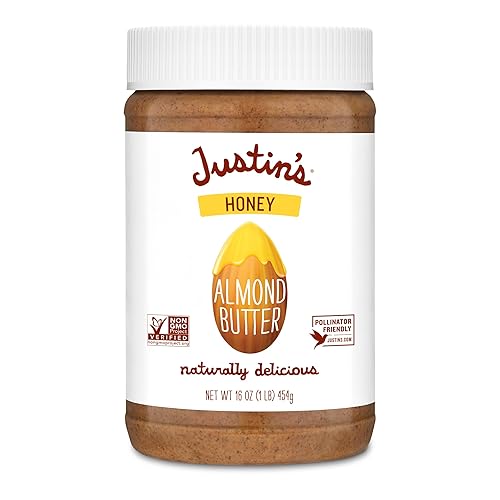 Justins Mantequilla de almendras con miel sin agitar sin gluten sin OMG de origen responsable tarro de 16 onzas Justins Mantequilla de almendras con miel sin agitar sin gluten sin OMG de origen responsable tarro de 16 onzas