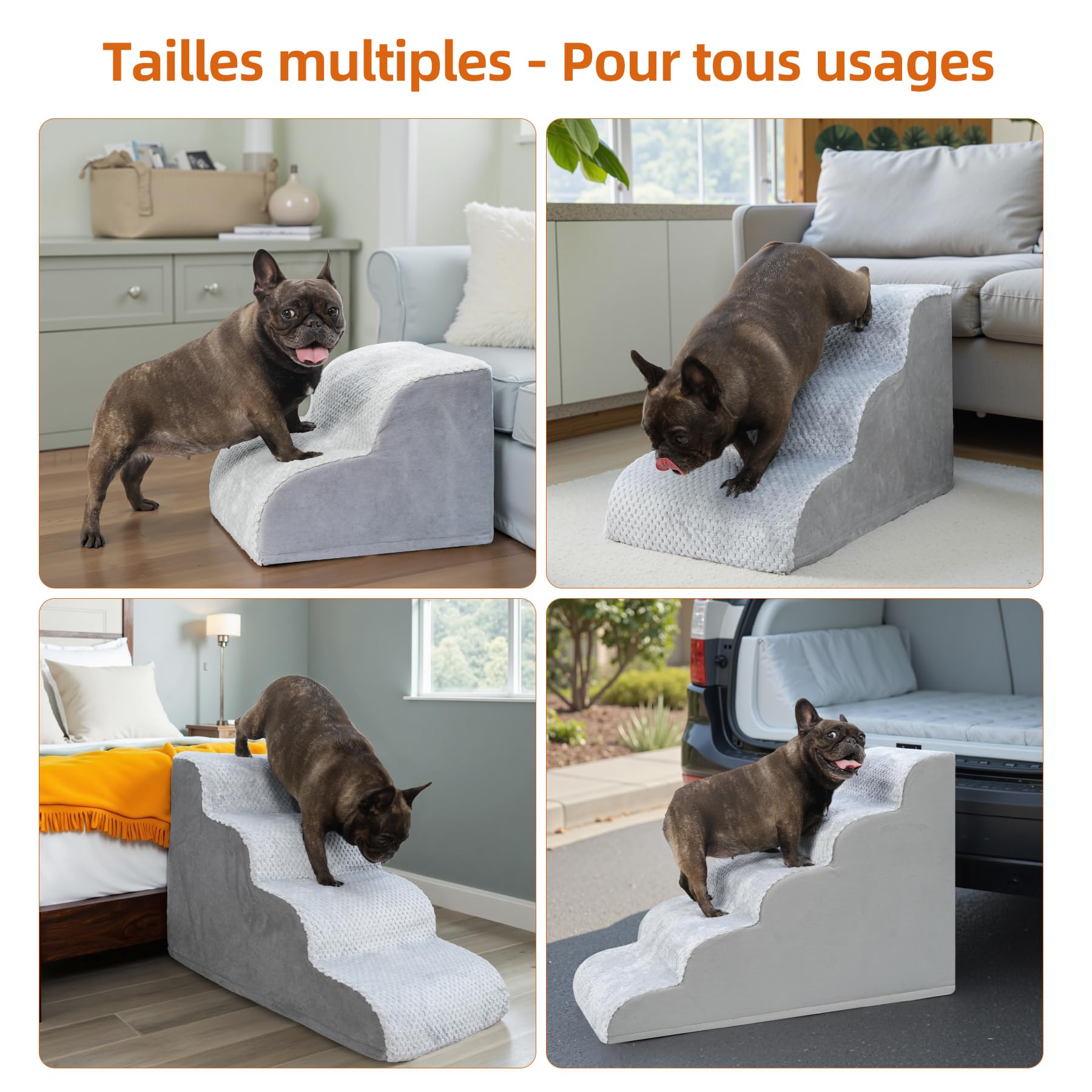 KSIIA Escaliers pour Chien à 3 Marches, Escaliers Antidérapant pour Chien - Housse Amovible et Lavable - Accès Canapé et Lit - Idéal Chiots et Animaux Âgés (Gris, 40x57x40 cm)