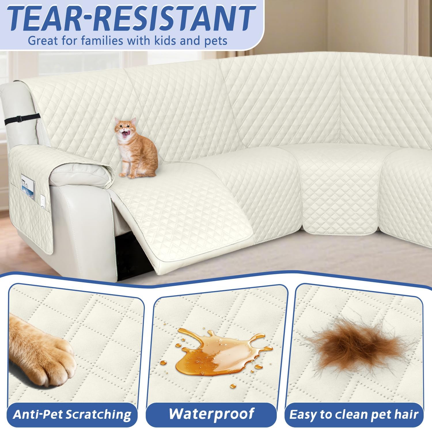 Arfntevss Recliner Sectional Couch Covers 1OO% Waterproof L Shape Sofa Cover for Reclining L Shaped Sectional Slipcover Dog Washable Corner Non Slip Additional Seat Protector (1 Seater, Cream White)
