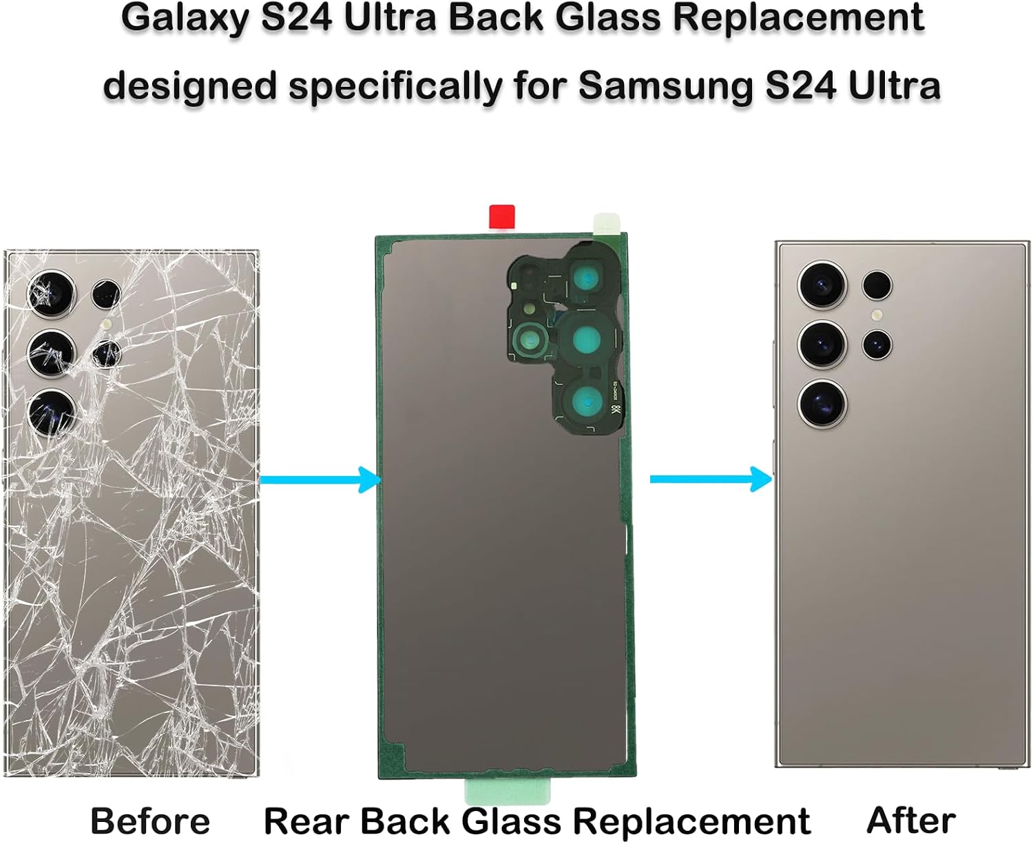Galaxy S24 Ultra Rear Back Glass Replacement Compatible with Samsung Galaxy S24 Ultra, Galaxy S24 Ultra 5G Back Glass Replacement with Pre-Installed Camera Lens + Adhesive+Repair Tool Kits(Light Gray)