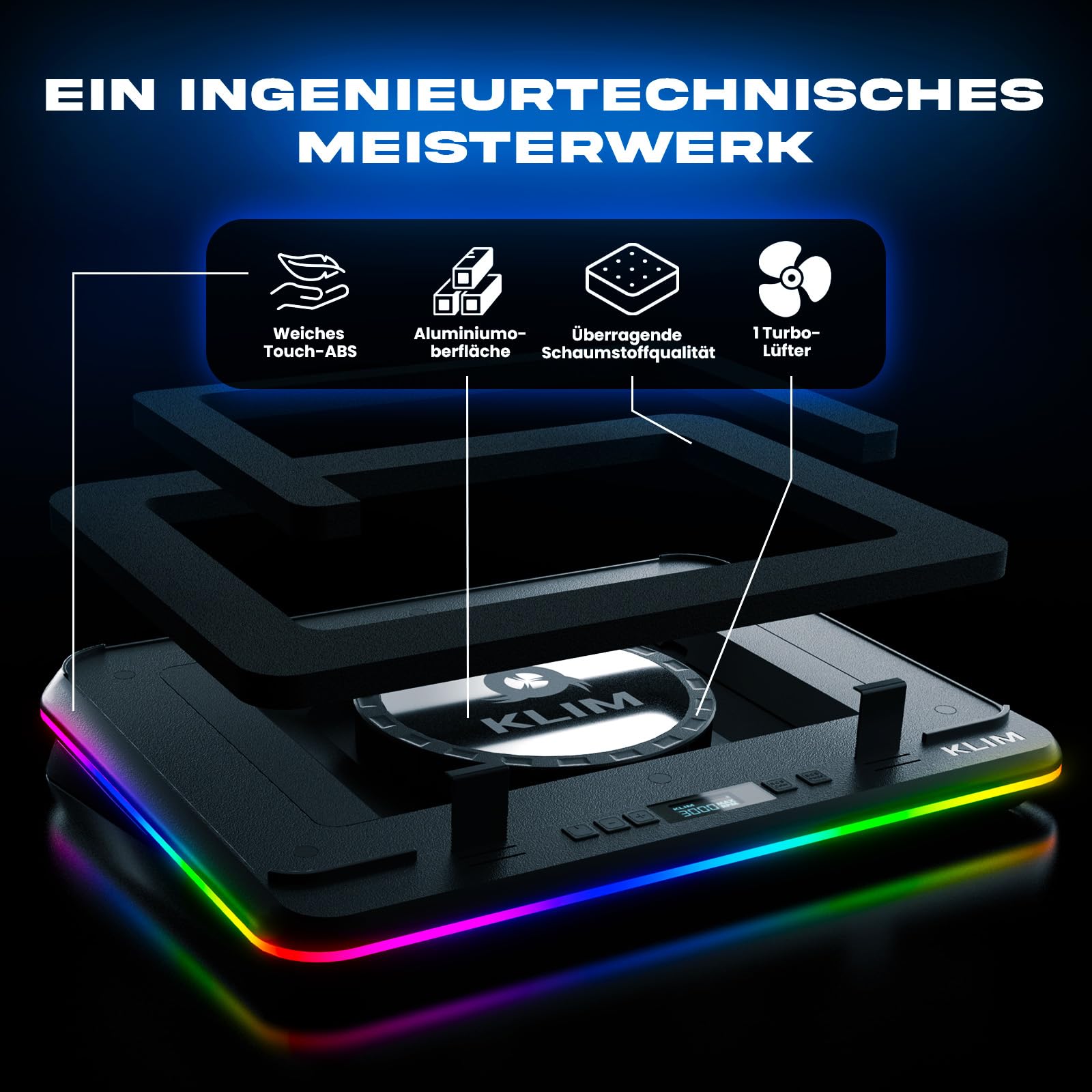 KLIM Turbofrost MAX RGB Laptop-Kühlpad, Gaming-Laptop-Kühler mit Turbofan XL, Kühlung, 15,6-17 Zoll, Inlay-System für optimalen Luftstrom, einstellbare Geschwindigkeit, LCD-Bildschirm