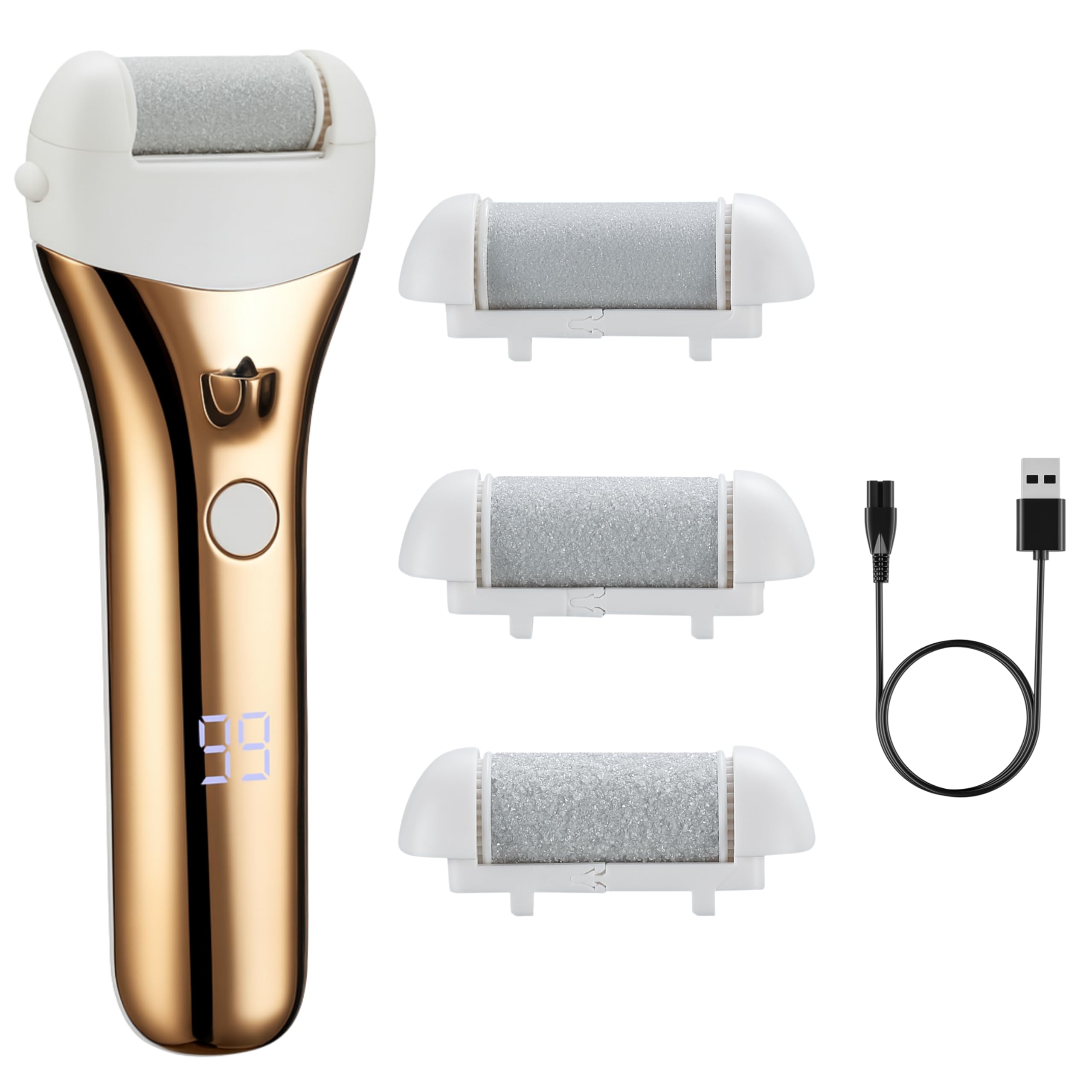 Barberboss Removedor de callos recargable, lima eléctrica de piel dura, kit impermeable con 3 rodillos, doble velocidad, carga USB y pantalla LED, juego de pedicura para talones agrietados y pies