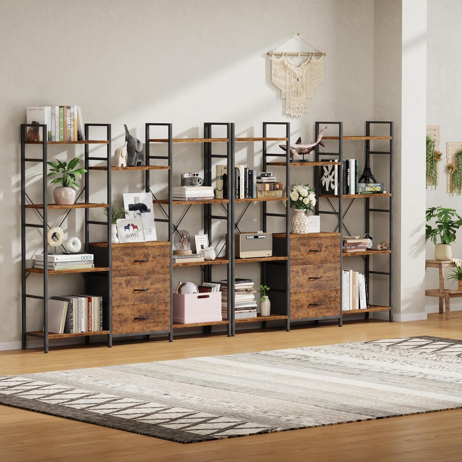 Bibliothèque Haute 100 L x 142 H cm avec 3 Tiroirs en Tissu, Étagère à 4 Niveaux, Grande Étagères de Rangement pour Salon, Bureau, Chambre à Coucher, Cuisine, étagères Ouvertes Bois Rustique