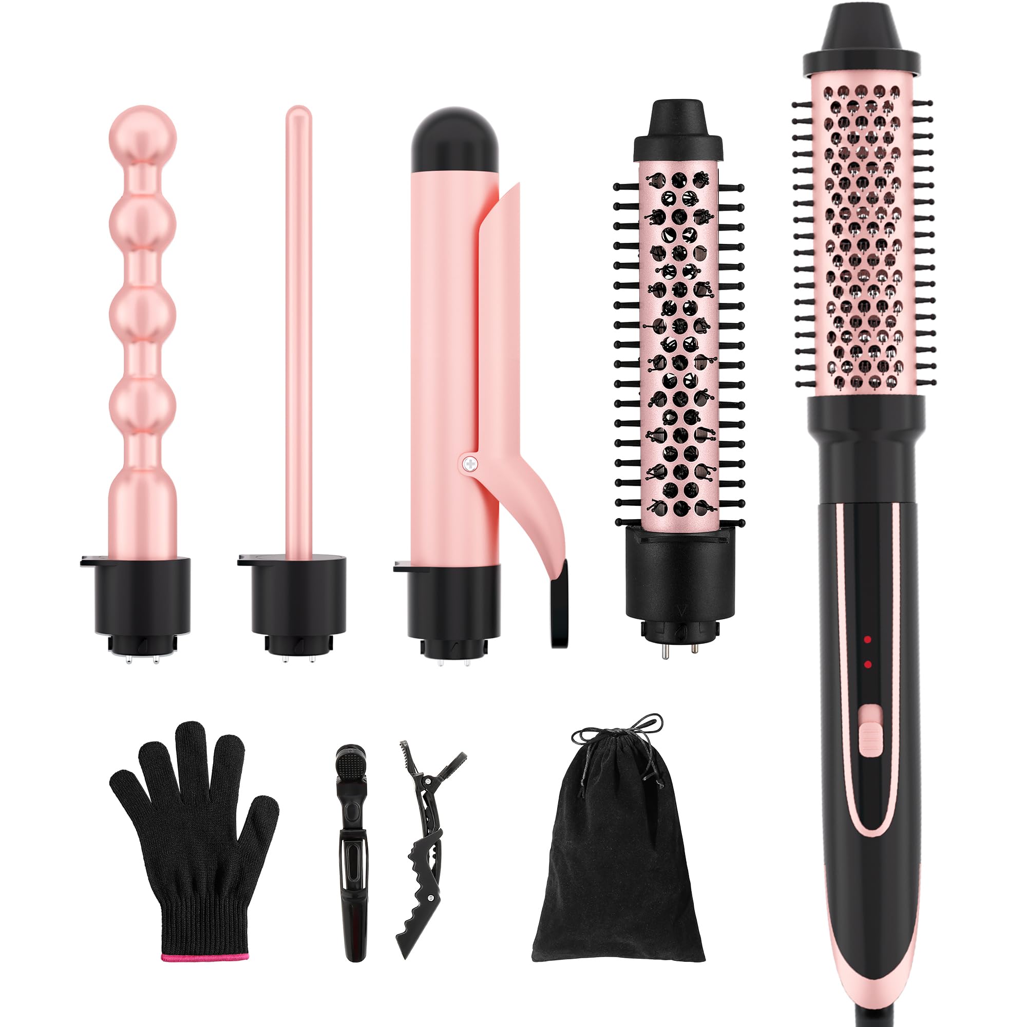 5-in-1 Curling Iron Set for Creating a Variety of Curls, Including one hot air Brush and Four Interchangeable Ceramic Curling Barrels, Dual Voltage, Comes with Gloves and Hair Clips (0.3–1.5 inches)