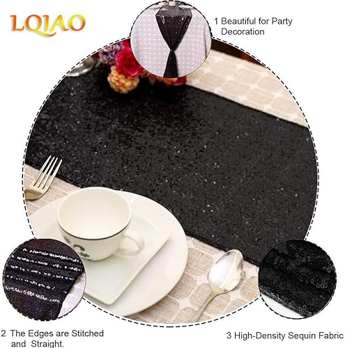 Miniatura 2 de Camino de mesa de lentejuelas de 108 pulgadas largo con lentejuelas negras brillantes para cocina, mesa de comedor, boda, novia, cumpleaños, baby